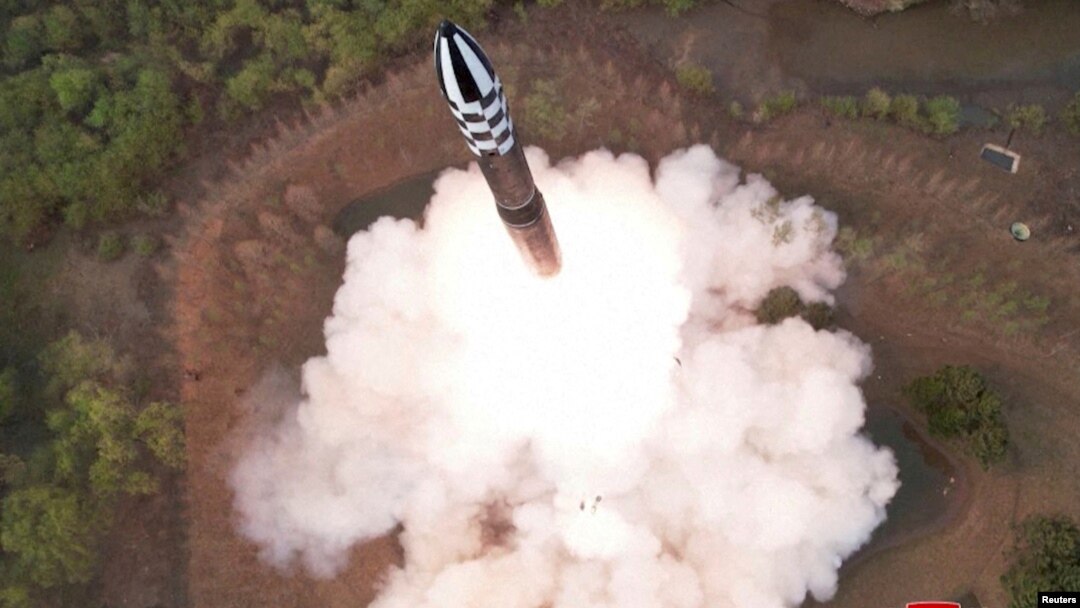 A view of a test launch of a new solid-fuel intercontinental ballistic missile (ICBM) Hwasong-18 at an undisclosed location in this still image of a photo used in a video released by North Korea's Korean Central News Agency (KCNA) April 14, 2023. 