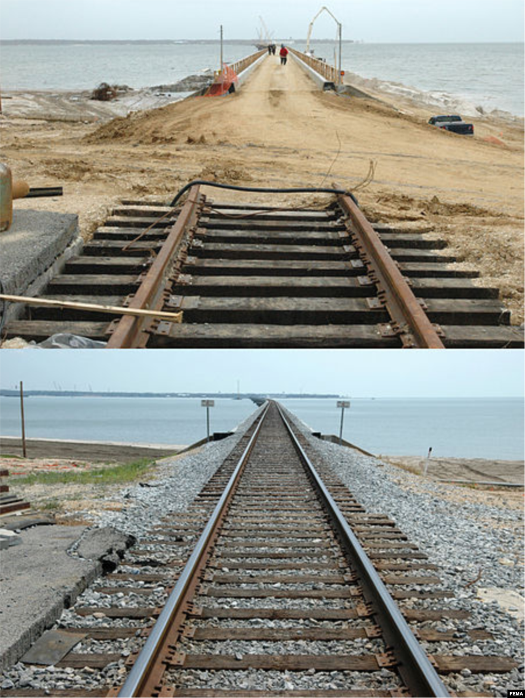 Cây cầu bắt ngang Vịnh St. Louis trước và sau khi sửa chữa. Cầu này đã bị phá hủy bởi bão Katrina.
