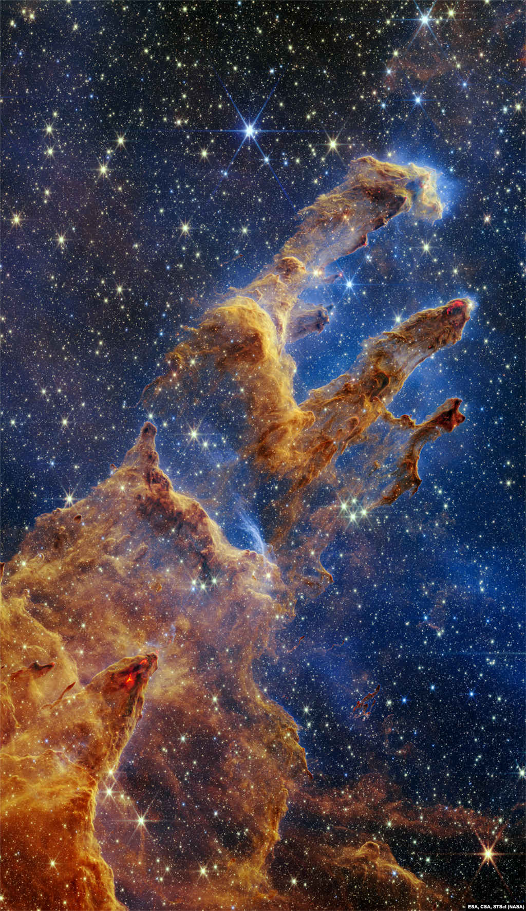 NASA’s James Webb Space Telescope has captured a lush, highly detailed landscape – the iconic Pillars of Creation – where new stars are forming within dense clouds of gas and dust.