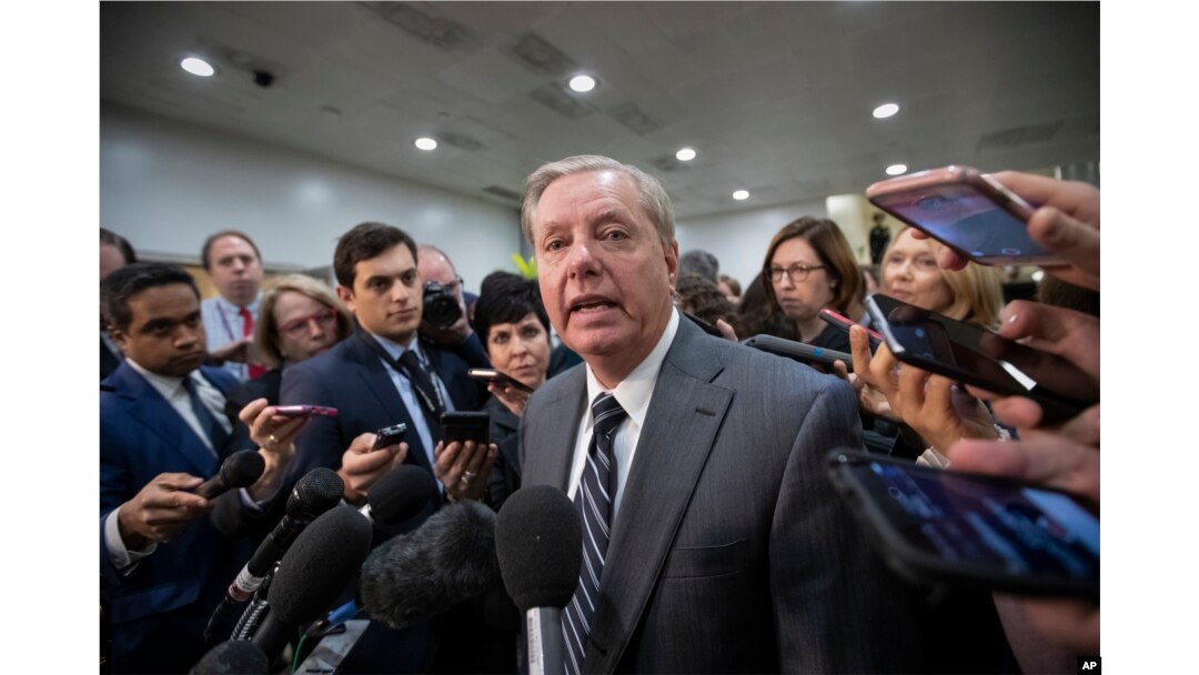 FILE - Sen. Lindsey Graham, R-S.C., chairman of the Subcommittee on Crime and Terrorism, speaks to reporters after a closed-door security briefing by CIA Director Gina Haspel on the slaying of Saudi journalist Jamal Khashoggi.