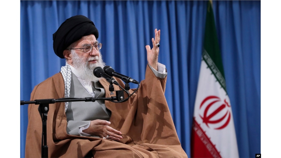 In this picture released by an official website of the office of the Iranian supreme leader, Ayatollah Ali Khamenei speaks at a meeting with a group of Revolutionary Guards and their families, in Tehran, Iran, April 9, 2019.