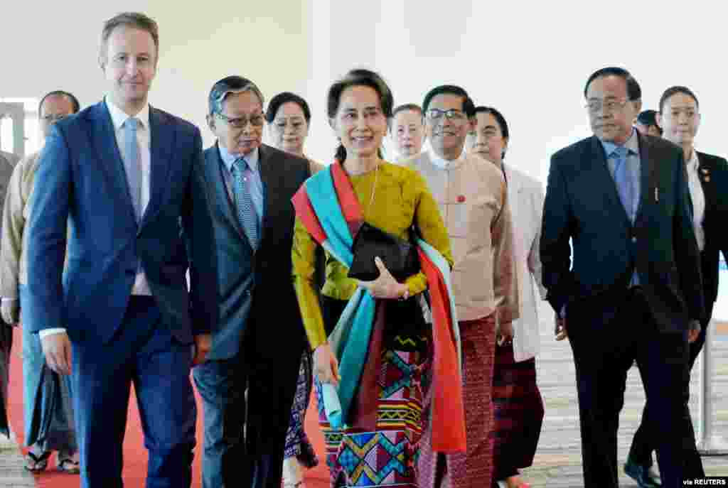 Myanmar's State Counsellor Aung San Suu Kyi departs from Naypyidaw International Airport ahead of her appearance at the International Court of Justice in The Hague, Netherlands, to defend the country against charges of genocide of its Rohingya Muslim minority.