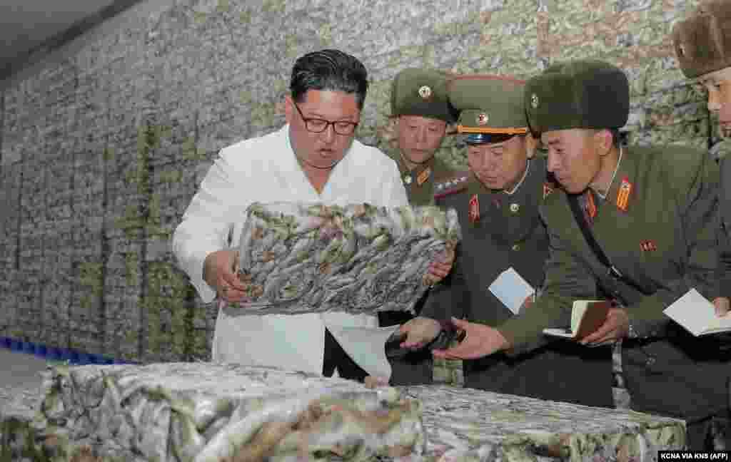 This undated picture released from North Korea's official Korean Central News Agency (KCNA) shows North Korean leader Kim Jong Un (L) visiting a fishery station at an undisclosed location.
