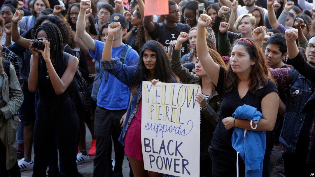 FILE - University California Los Angeles students stage a protest rally in a show of solidarity with protesters at the University of Missouri, Thursday, Nov. 12, 2015 in Los Angeles.