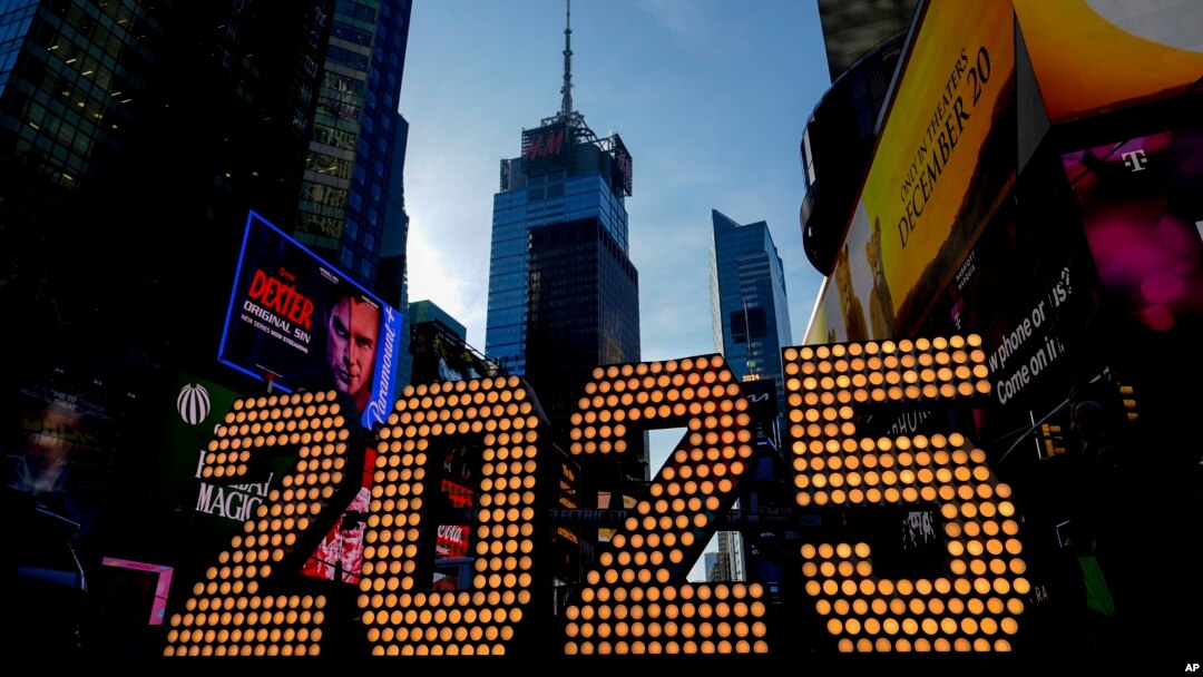 The 2025 New Year's Eve numerals are displayed in Times Square, Dec. 18, 2024, in New York. 