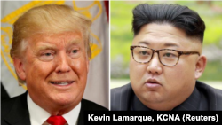 En la foto, el presidente de EE.UU. Donald Trump, a la izquierda, en Nueva York, el 21 de septiembre de 2017, y el presidente norcoreano Kim Jong Un, en una imagen cedida por la agencia pública de noticias norcoreana KCNA en Pyongyang, 4 de septiembre de 2017.