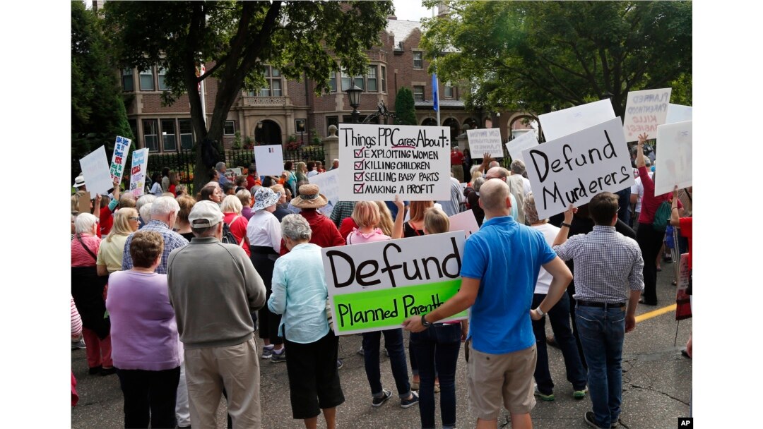 Hundreds of demonstrators gather outside the governor's mansion in St. Paul, Minn., Sept. 9, 2015, in a protest calling for Governor Mark Dayton to defund and investigate Planned Parenthood.