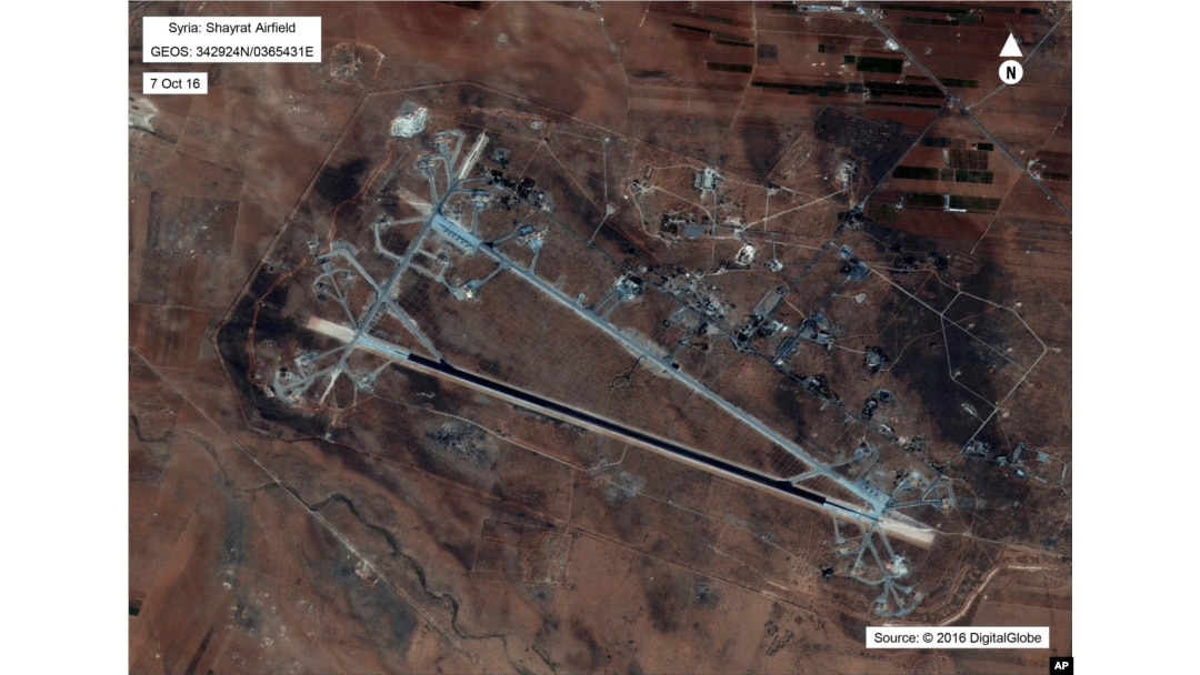 FILE - This Oct. 7, 2016, satellite image released by the U.S. Department of Defense shows the al-Shayrat air base in Syria. The U.S. blasted a Syrian air base with a barrage of cruise missiles on April 7, 2017.