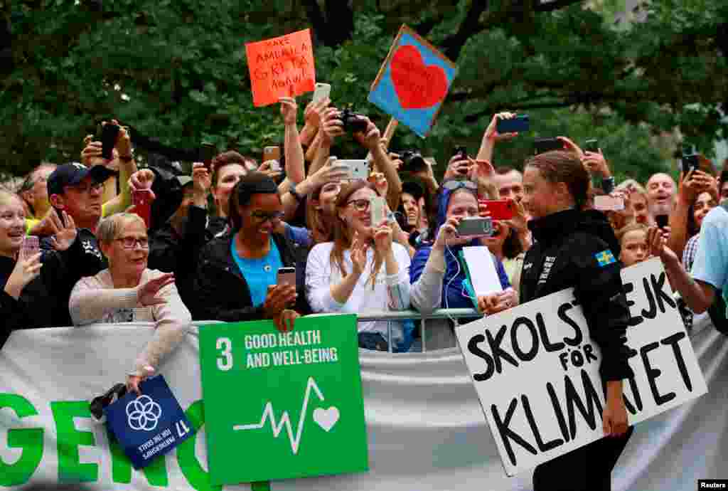 Sixteen-year-old Swedish activist Greta Thunberg completes her trans-Atlantic crossing in order to attend a United Nations summit on climate change in New York, Aug. 28, 2019.