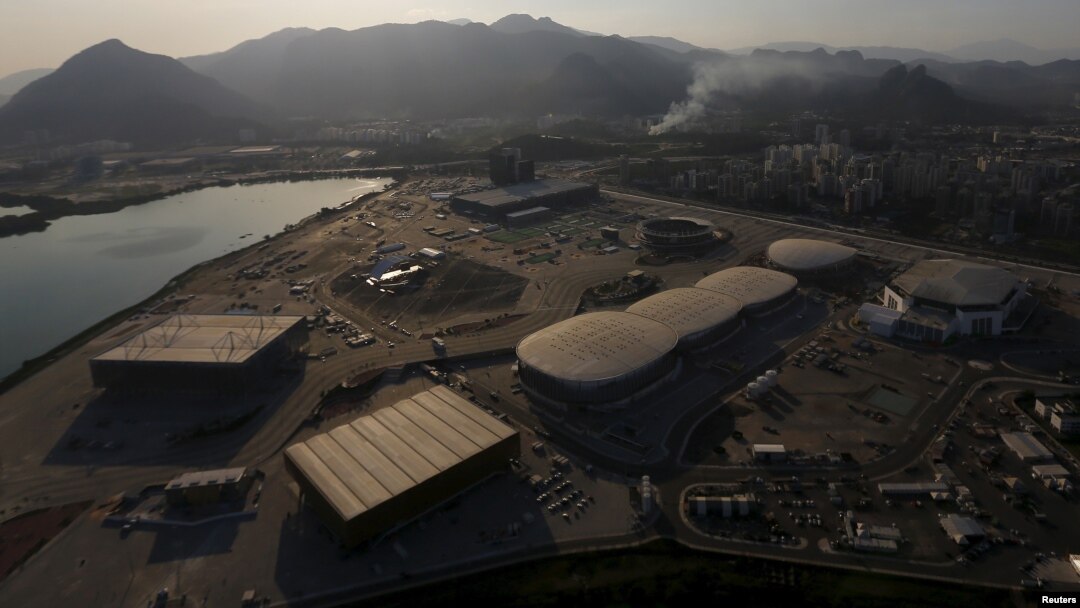 FILE - An aerial view shows the 2016 Rio Olympic park in Rio de Janeiro, Brazil, April 25, 2016. 