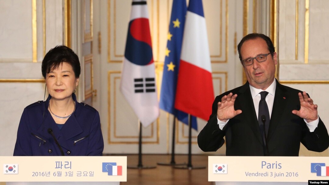 박근혜 한국 대통령(왼쪽)과 프랑수아 올랑드 프랑스 대통령이 3일 파리 엘리제궁에서 정상회담을 마친 뒤 공동기자회견을 하고 있다. 