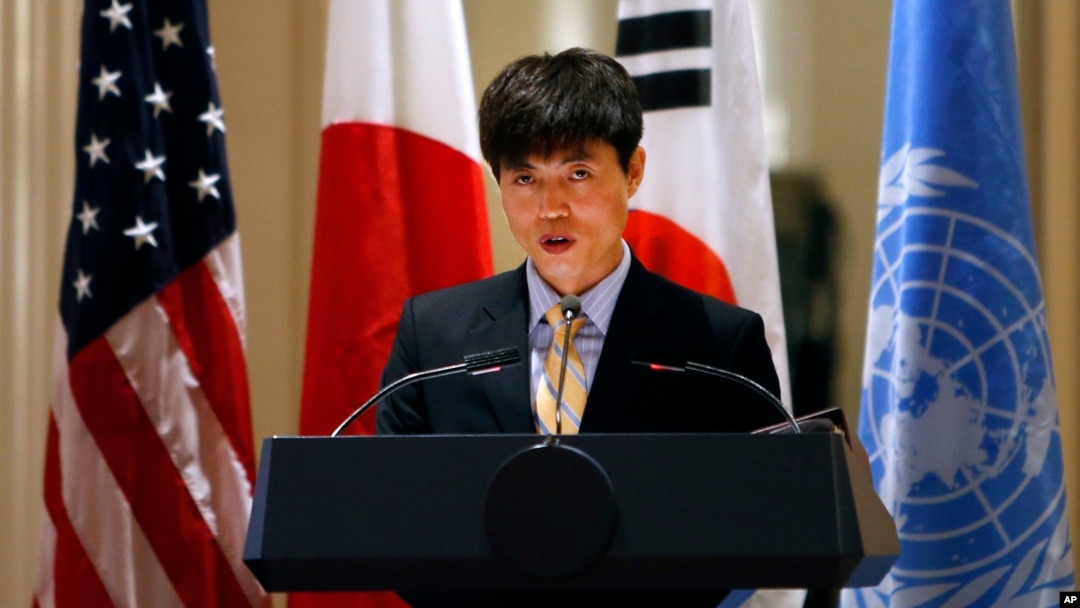 FILE - North Korean human rights activist Shin Dong-hyuk delivers remarks during an event on human rights in North Korea at the Waldorf Astoria Hotel, in New York.