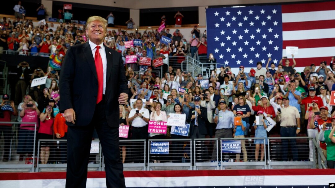 FILE - President Donald Trump arrives to speak at a campaign rally at Erie Insurance Arena, Oct. 10, 2018, in Erie, Pa. 