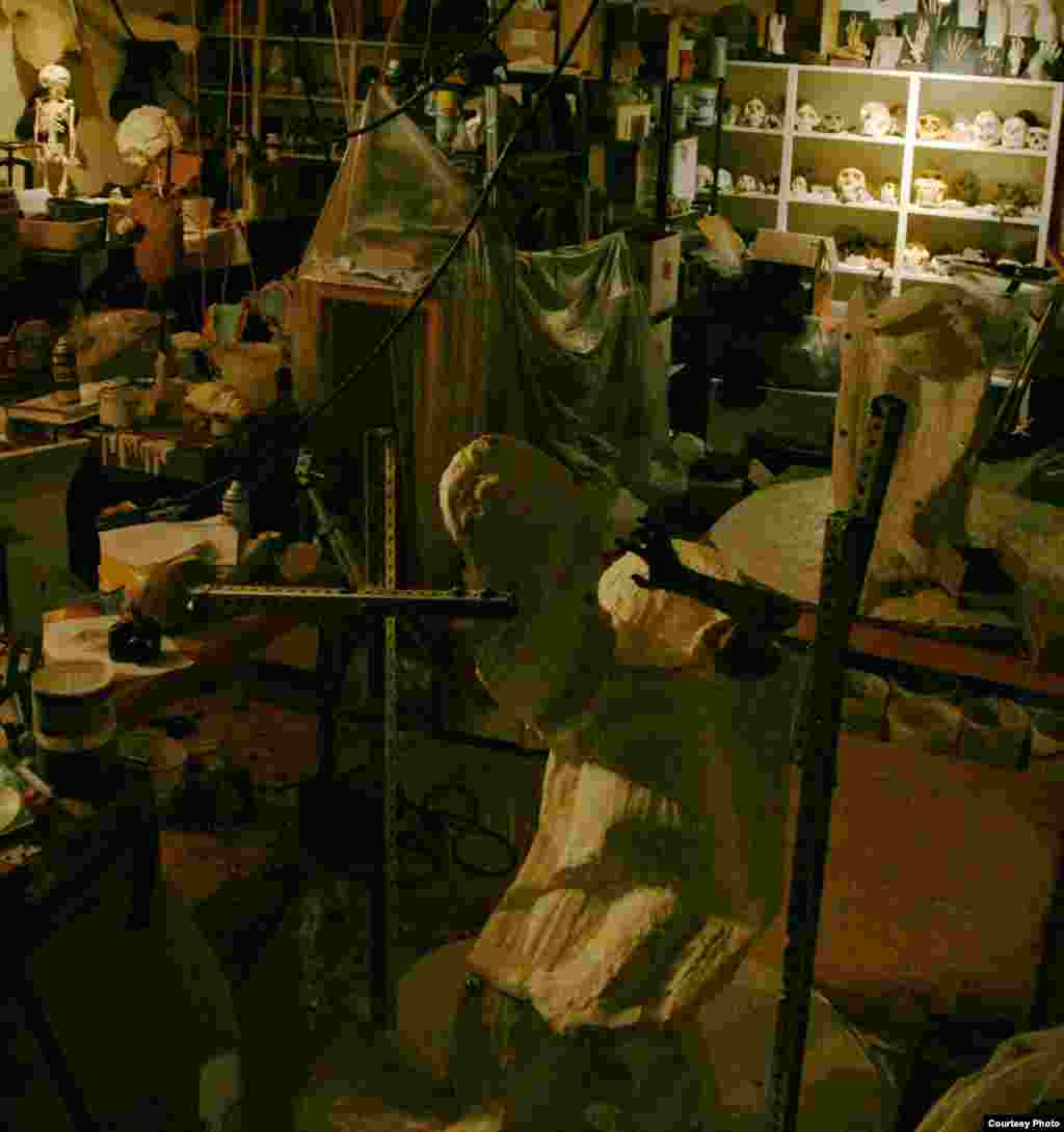 John Gurche’s studio is crowded with the bones, casts and skulls he refers to in his work. (John Gurche)