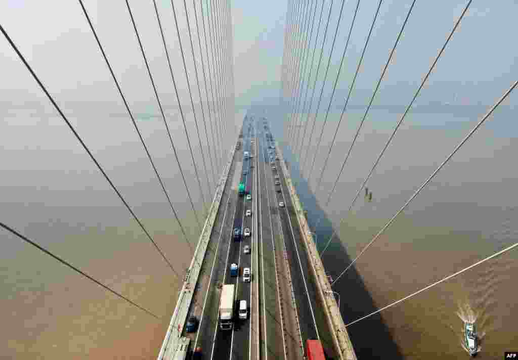 This aerial photo shows a view of the Sutong Bridge in Nantong in China's eastern Jiangsu province.