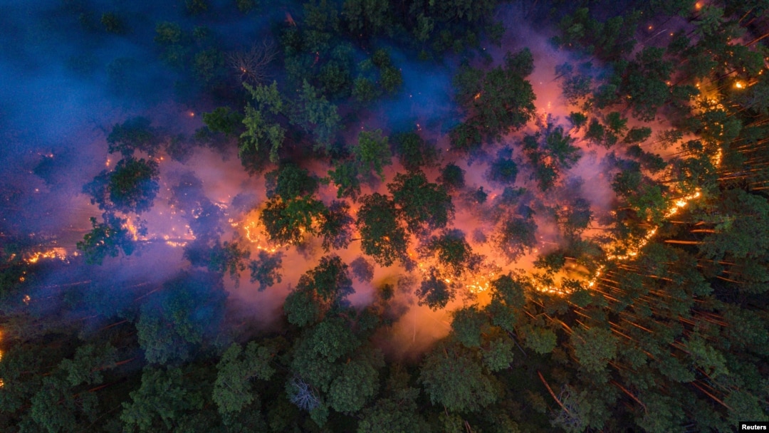 FILE - An aerial view shows a forest fire in Krasnoyarsk Region, in Siberia, Russia July 17, 2020. (Julia Petrenko/Greenpeace/Handout via Reuters) 