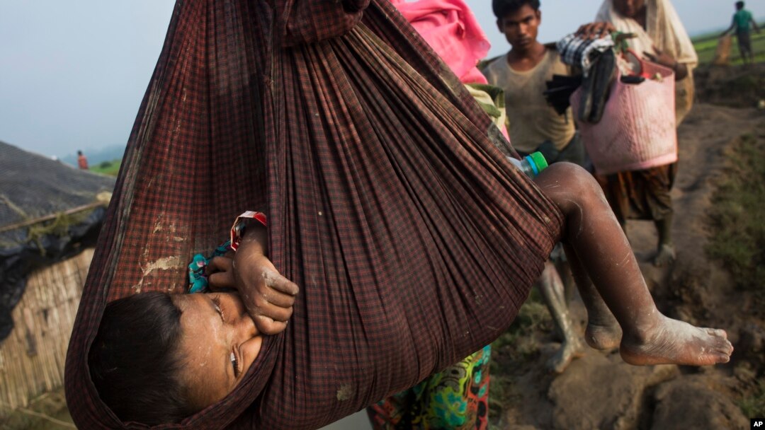 A Rohingya child is carried on a sling while his family walk through rice fields after crossing the border into Bangladesh near Cox's Bazar's Teknaf area, Sept. 5, 2017.