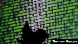 Silueta del logo de Twitter frente a una pantalla con un mensaje en código binario.