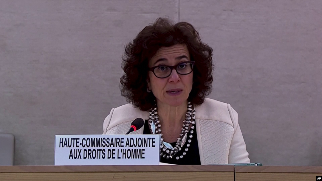 U.N. Deputy High Commissioner for Human Rights, Nada Al-Nashif speaking in Geneva in this screen shot on Dec. 15, 2021