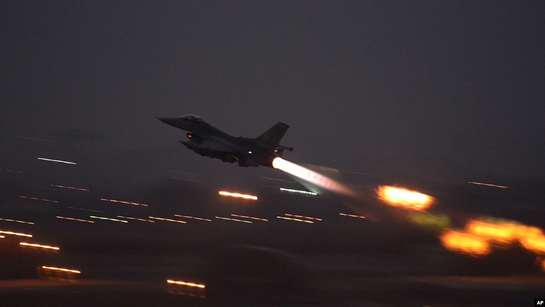 FILE - In an image provided by the U.S. Air Force, an F-16 Fighting Falcon takes off from Incirlik Air Base, Turkey, Aug. 12, 2015, to launch airstrikes against Islamic State targets in Syria.