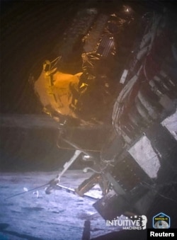 Intuitive Machines' Odysseus lunar lander is seen on Feb. 27, 2024, at its landing near the south pole of the moon in an image taken using its narrow-field-of-view camera. (Intuitive Machines via Reuters)