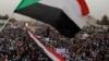 Thousands of protesters wave Sudanese flags, hold banners and chant slogans during a demonstration in front of the Defense Ministry in Khartoum, Sudan, April 18, 2019. 