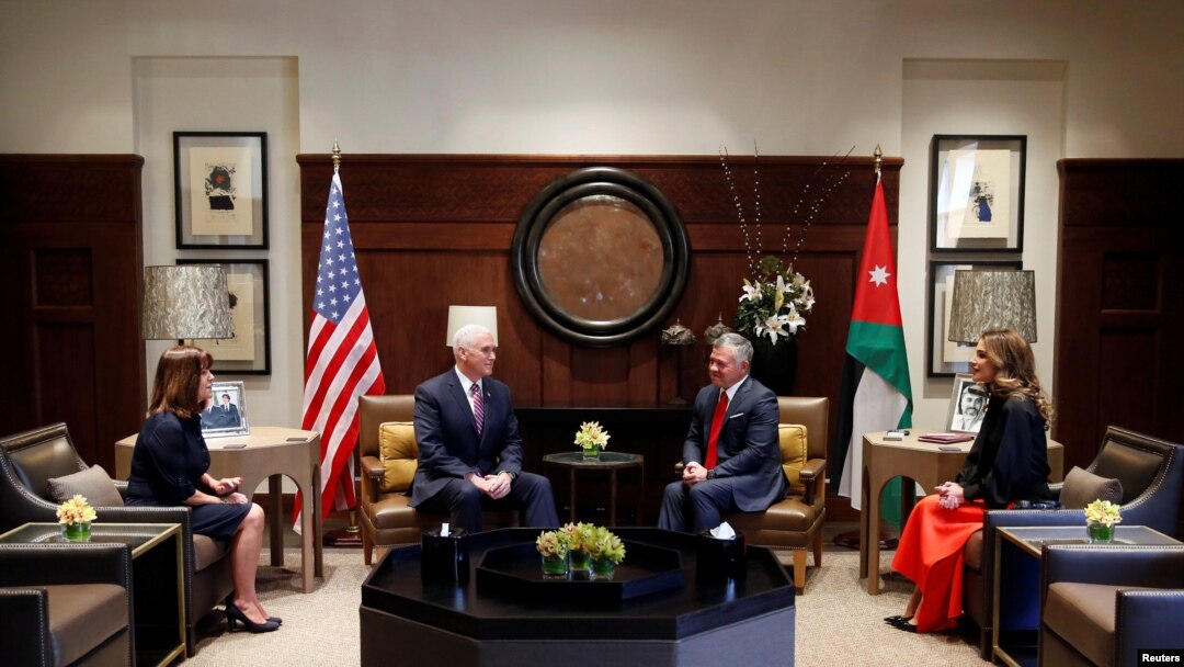 Jordan's King Abdullah, his wife Queen Rania (R), meet with U.S. Vice President Mike Pence, and wife Karen Pence, at the Royal Palace in Amman, Jordan, Jan. 21, 2018. 