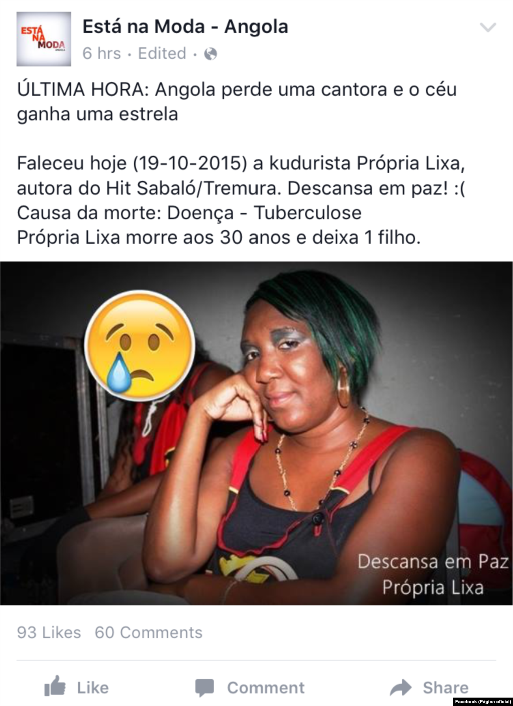 Cantores reagem à morte da kudurista Própria Lixa