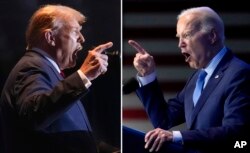 Esta combinación de fotografías tomadas en Columbia, Carolina del Sur, muestra al expresidente Donald Trump, a la izquierda, el 24 de febrero de 2024, y al presidente Joe Biden el 27 de enero de 2024.
