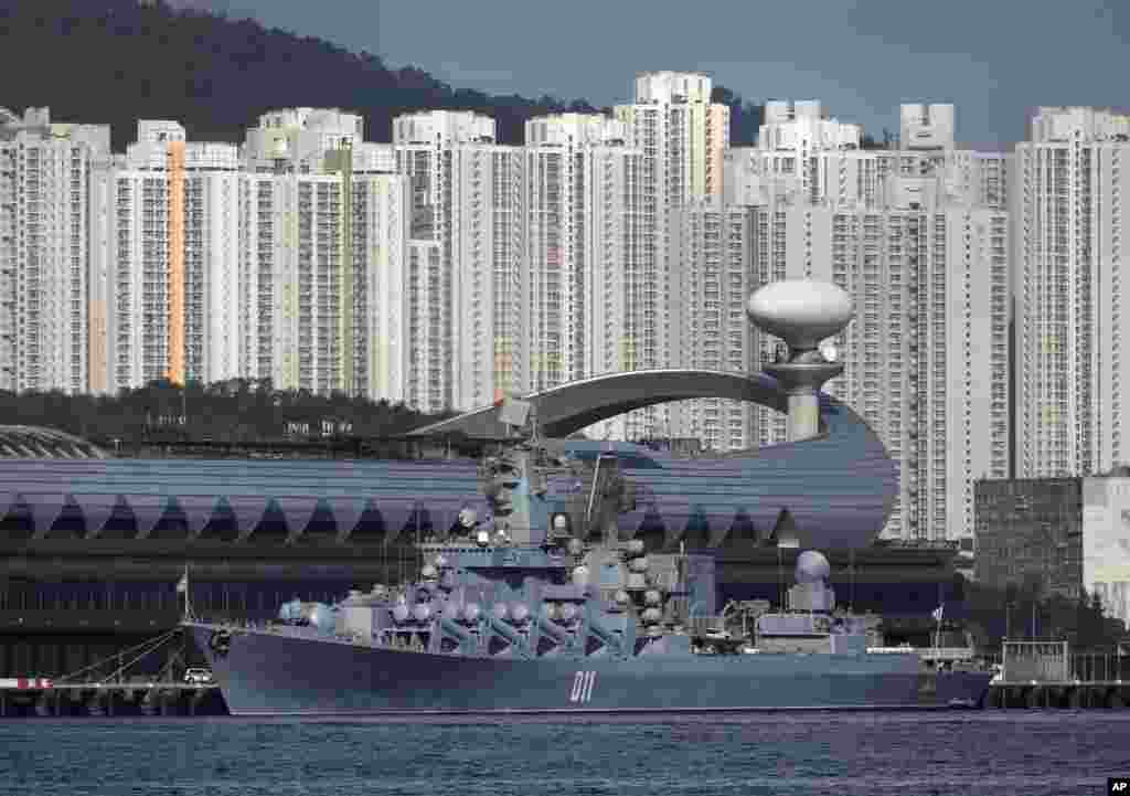 Russian Navy's Slava-class guided missile cruiser Varyag, the flagship of the Russian Pacific Fleet, is docked at Kai Tak Cruise Terminal for an unofficial five-day visit to Hong Kong.