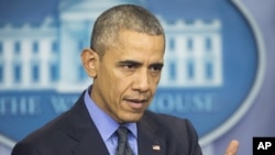 President Barack Obama speaks during a news conference in the White House Brady Press Briefing Room in Washington, Dec. 18, 2015.